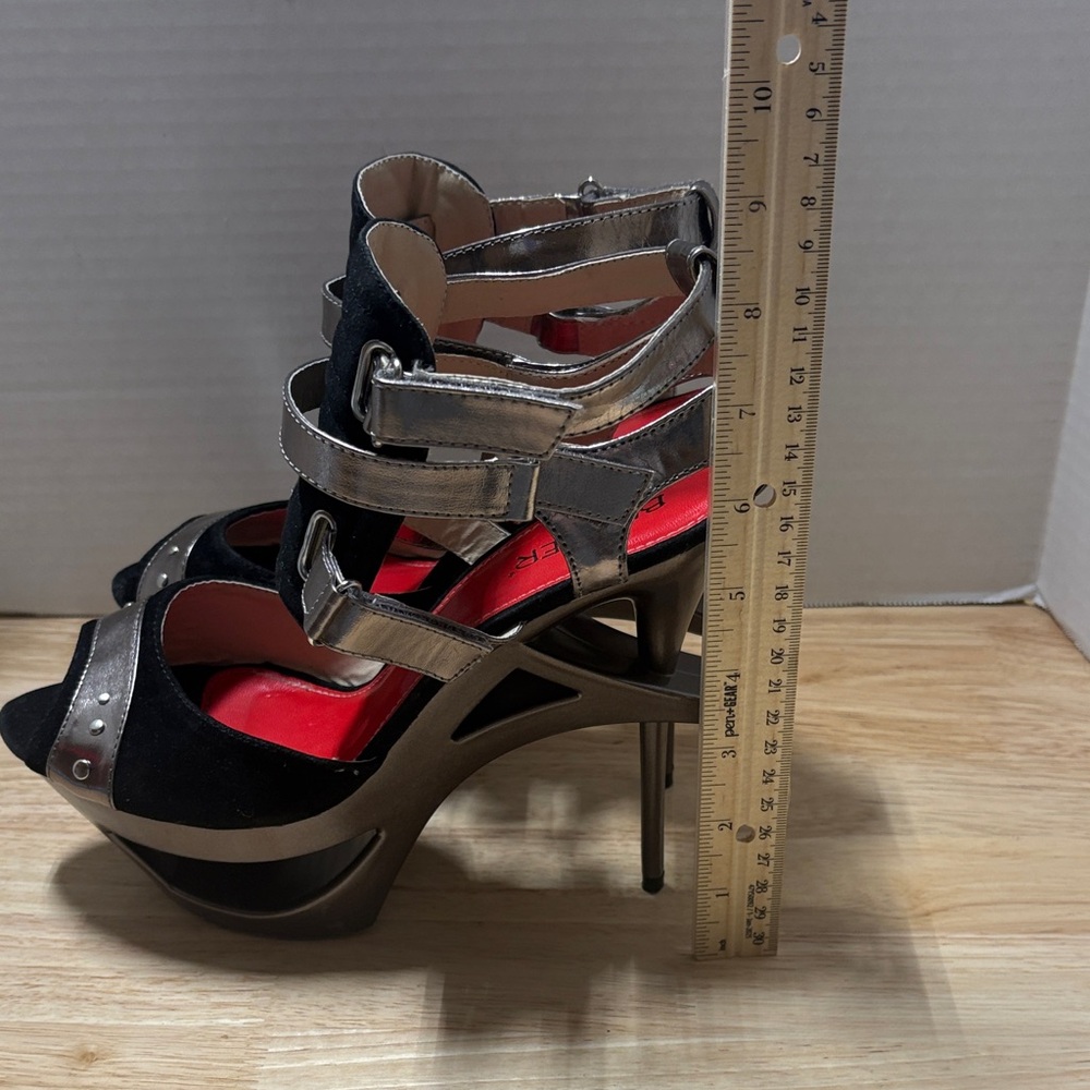 Bumper Black Suede & Silver Metallic Strappy High Heel Sandals with Red Insoles - Picture 6 of 10
